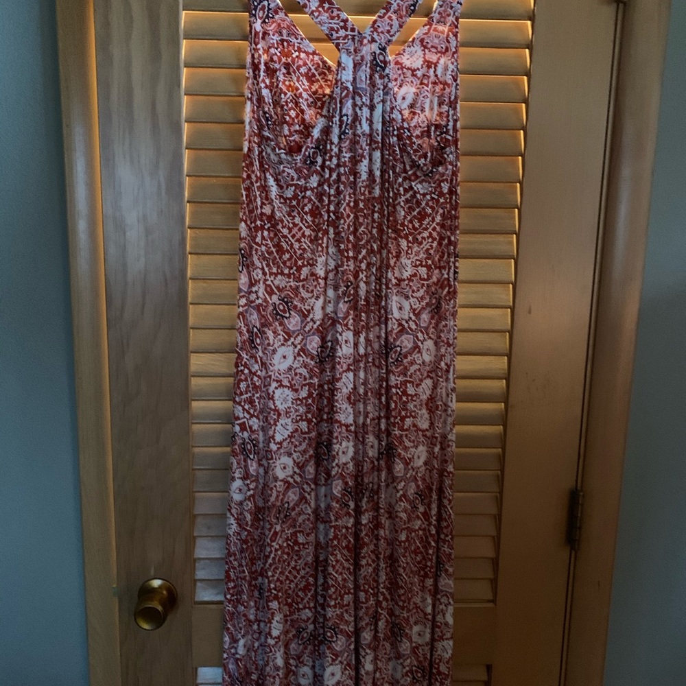 Maxi dress.  Rust, cream and blues